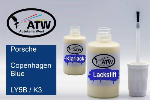 Porsche, Copenhagen Blue, LY5B / K3: 20ml Lackstift + 20ml Klarlack - Set, von ATW Autoteile West.